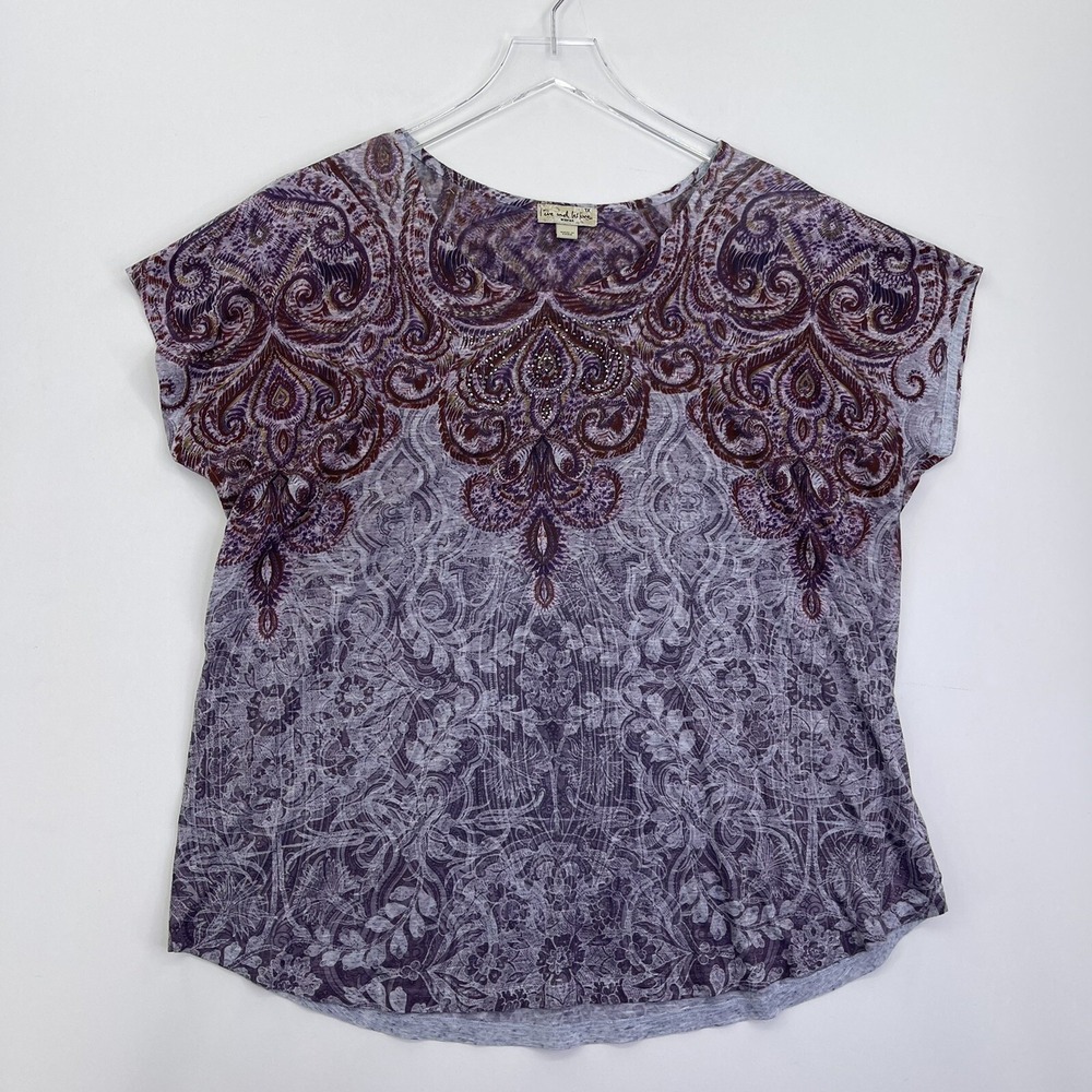 Live And Let Live Blouse Womens Top 1X Purple Multicolor Short Sleeve Shirt